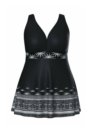 Robe de bain noire avec un col en V profond, une bande à motifs sous la poitrine, et des motifs floraux et géométriques blancs et gris complexes le long de l'ourlet.