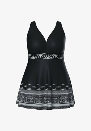 Schwarzes Badebekleid mit tiefem V-Ausschnitt, gemustertem Band unter der Brust und aufwändigen weißen und grauen Blumen- und geometrischen Mustern am Saum.