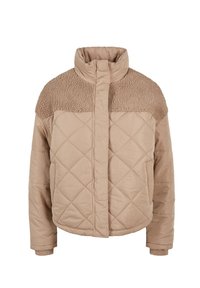 Beige gesteppte Jacke mit einem weichen, flauschigen Kragen. Verfügt über einen Reißverschluss und Taschen an der Seite. Das Design ist kastig mit gerippten Bündchen.