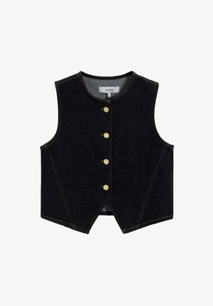 Ciemna kamizelka jeansowa z okrągłym dekoltem, pięcioma złotymi guzikami z przodu i spiczastym dolnym brzegiem. Charakteryzuje się kontrastowym przeszyciem i brakiem rękawów.