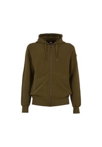 Felpa con zip color verde oliva, dotata di una zip frontale, cappuccio con cordino regolabile, polsini e orlo a coste. Tessuto liscio senza motivi.