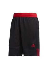 Pantalones cortos deportivos negros con una cinturilla elástica roja, presentando acentos de tres rayas rojas a los lados y un logo en la parte inferior frontal.