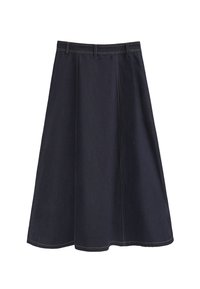 Mörk denim A-linje kjol med medellängd, som har stickade sömmar och en slät yta. Inga synliga fickor eller metalldetaljer.