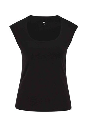 Haut noir sans manches pour femme avec larges bretelles et encolure carrée, taille small, présenté sur un fond blanc.