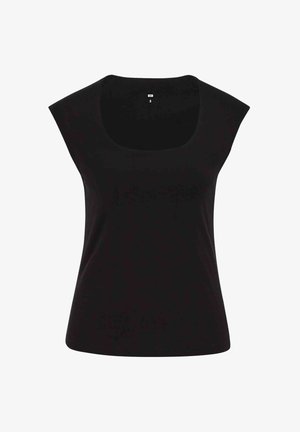 Haut noir sans manches pour femme avec larges bretelles et encolure carrée, taille small, présenté sur un fond blanc.
