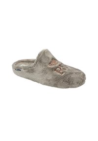 Grijze pluche slipper met een zachte textuur, open achterkant ontwerp, langwerpige vorm en geborduurde letters op de bovenkant.