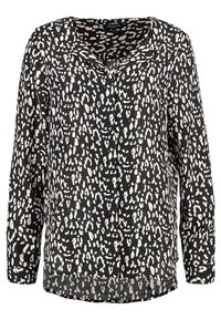 Dlouhý rukáv blůza v černé a smetanové barvě s leopardím vzorem. V-krk design, přední zapínání na knoflíky a volný střih se zaobleným lemem.