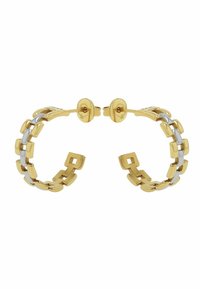 Orecchini a cerchio in tono oro con collegamenti rettangolari alternati in argento, caratterizzati da una finitura liscia e chiusura a pressione sicura.