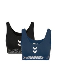 Twee sportbeha's, één marineblauw en één zwart, elk met een wit chevronlogo en de tekst "HUMMEL" op de elastische band.