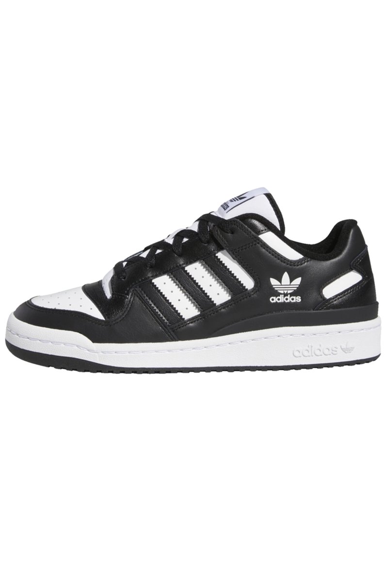 Black and white Adidas low-top sneaker with three stripes, perforated toe box, and branded sole and side logos.