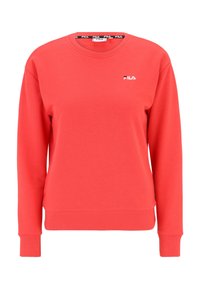 Sudadera roja de algodón, con cuello redondo y puños acanalados. Pequeño logo blanco en el pecho. Textura lisa y corte relajado.