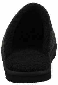 Zapatillas de casa negras con una textura suave y esponjosa, diseño de parte trasera abierta y suela de goma negra resistente. El interior es acogedor y agradable.