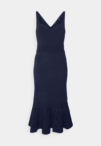 Robe ajustée sans manches bleu marine avec décolleté en V, taille côtelée, ourlet sirène et détails découpés sur la partie inférieure évasée.