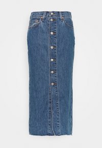 Spódnica dżinsowa do kolan, w niebieskim odcieniu, z zapięciem na guziki z przodu, dwoma bocznymi kieszeniami i obszytym dołem, z pionowym szwem pośrodku.