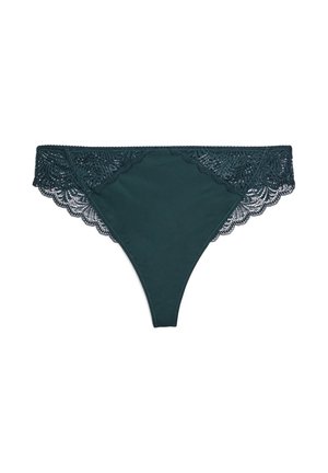Teal thong with lace trim at the waistband, featuring a scalloped edge. Smooth fabric with a slightly shiny finish and no additional patterns.