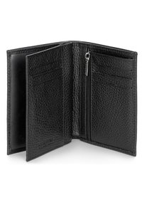 Black leather wallet open to reveal textured interior, multiple card slots, and a zippered compartment on one side.