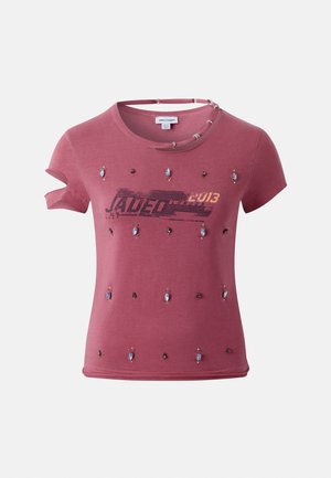 Rosa kurzärmliges T-Shirt mit „Jaded London 2013“-Print, dekorativen kleinen Schmucksteinen und Cutout-Detail am linken Ärmel und Halsausschnitt.