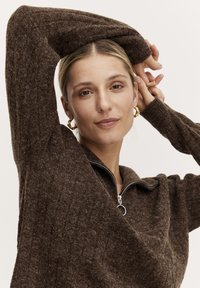 Brauner Zip-Pullover mit strukturiertem Strickdesign. Besitzt einen hohen Kragen und lange Ärmel und hat eine lässige Passform. Goldene Hoop-Ohrringe.