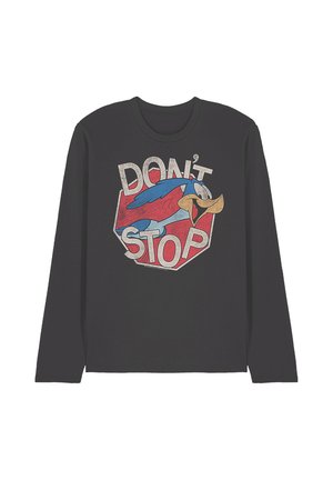 Schwarzes Langarmshirt mit einer Grafik im Vintage-Stil eines Comic-Vogels und dem Text "DON'T STOP" in großen Buchstaben.