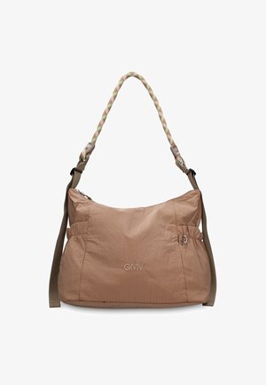 Beige zachte stoffen schoudertas met een gevlochten riem, verstelbare zijkantenriemen, voorste logo en ritssluiting aan de bovenkant.