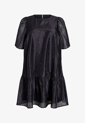 Robe noire à manches courtes avec des manches bouffantes transparentes, des pois blancs, une taille froncée et un ourlet volé.