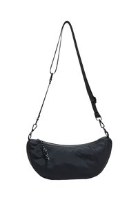 Borsa a spalla nera in nylon con design curvo, chiusura con zip e tracolla regolabile. Presenta un attacco per un portachiavi decorativo.