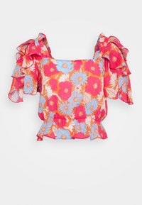 Blumenbluse mit quadratischem Ausschnitt, lebendigem pink- und orangefarbenem Stoff, gerafften kurzen Ärmeln und elastischem Saum. Sie hat blaue und weiße Blumenmuster.