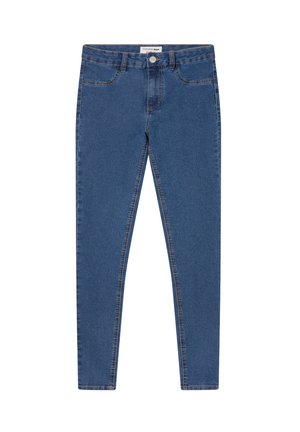Jeans skinny blu a vita media, con tasche anteriori e posteriori, passanti per cintura e chiusura a bottone in vita.