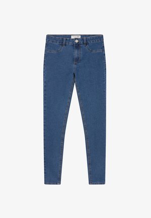 Jeans skinny blu a vita media, con tasche anteriori e posteriori, passanti per cintura e chiusura a bottone in vita.