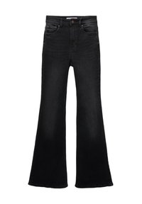 Jean noir taille haute avec jambes évasées, conception à cinq poches, fermeture à bouton et passants de ceinture, présenté à plat sur un fond blanc.