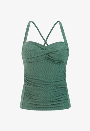 Green textured tankini top with twisted front, ruched sides, and thin crisscross shoulder straps.