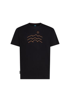 Camiseta negra de manga corta con un diseño minimalista marrón de montaña y sol centrado en el pecho.