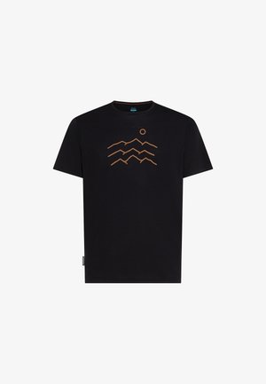 Camiseta negra de manga corta con un diseño minimalista marrón de montaña y sol centrado en el pecho.