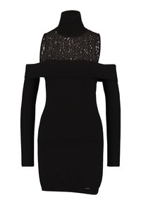 Robe noire en tricot avec épaules dénudées, manches longues, col montant et détail en dentelle sur le haut de la poitrine.