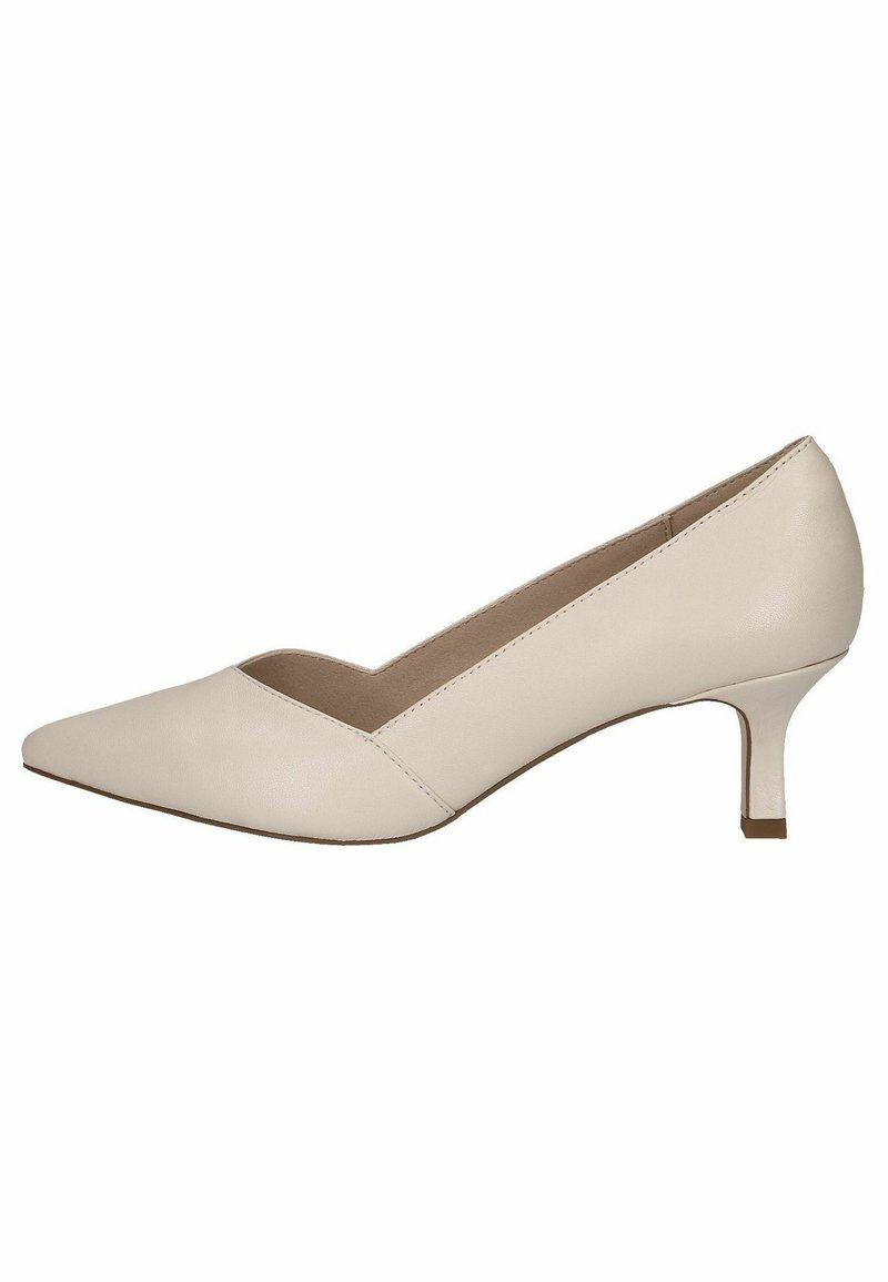 Beige synthetic leather pump with a pointed toe and a low, slender heel. Features a V-shaped cutout design on the upper.