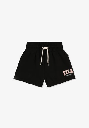 Schwarze Freizeithose mit weißem Kordelzug und rosa „FILA Established 1911“ Logo auf dem vorderen rechten Bein.