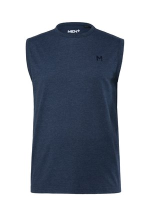 Mouwloos atletisch t-shirt in marineblauw gemaakt van gestructureerde stof. Heeft een ronde halslijn en een subtiel bedrukt logo op de borst.