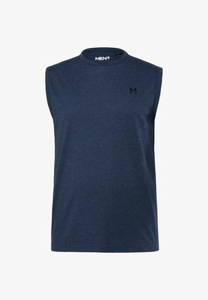 Mouwloos atletisch t-shirt in marineblauw gemaakt van gestructureerde stof. Heeft een ronde halslijn en een subtiel bedrukt logo op de borst.