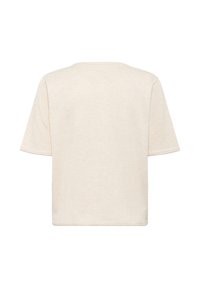 Kortekorte mouw, lichtbeige t-shirt met een ronde halslijn, een textuurpatroon op de mouwen, en een rechte snit aan de onderkant.