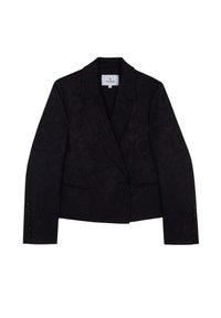 Blazer noir en tissu texturé, avec un col cranté, une fermeture à un bouton et deux poches avant.