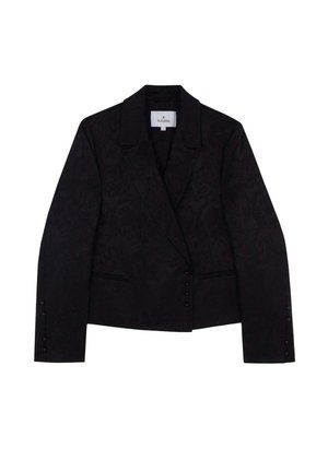 Blazer nero con un tessuto textured, dotato di colletto a revers, chiusura con un solo bottone e due tasche frontali.