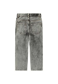Grå denim bukser med en falmet tekstur, som viser to baklommer og en rett ben-design. Har kontraststing og et logo-merke.