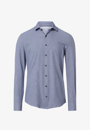 Camicia slim fit a maniche lunghe con piccolo motivo a quadretti blu e bianchi, chiusura frontale con bottoni e colletto aperto.