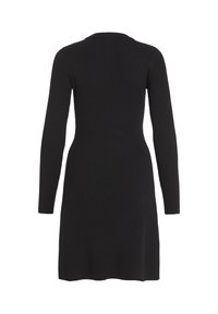 Μαύρο ριμπ πλεκτό φόρεμα με μακριά μανίκια, στρογγυλή λαιμόκοψη και φουσκωτό στρίφωμα, που διαθέτει λεία υφή και εφαρμοστή σιλουέτα.