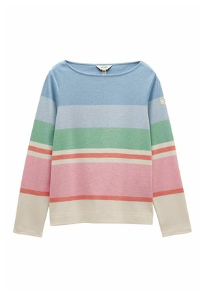 Langärmliger Pullover mit Rundhalsausschnitt und horizontalen Streifen in Blau, Hellblau, Grün, Pink, Koralle und Off-White.