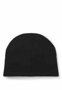 Black beanie hat with a textured finish, rounded shape, and distinct horizontal ribbed accents near the bottom.