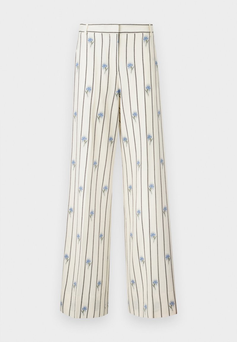 Wide-leg trousers made of cream fabric with vertical dark stripes and small blue floral embroidery throughout. Features a tailored waistband.