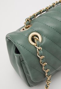 Borsa a tracolla in pelle verde trapuntata con catena dorata, caratterizzata da dettagli con occhielli e texture liscia. Forma compatta e rettangolare.