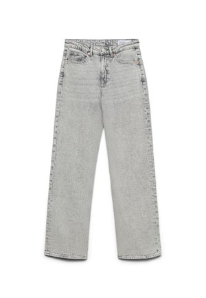 Jean gris clair coupe droite, design cinq poches, fermeture par bouton et zip, avec une texture subtilement délavée.