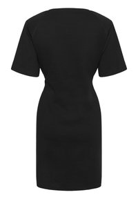 Robe noire à manches courtes, longueur au genou, taille cintrée, vue de dos sur fond blanc.
